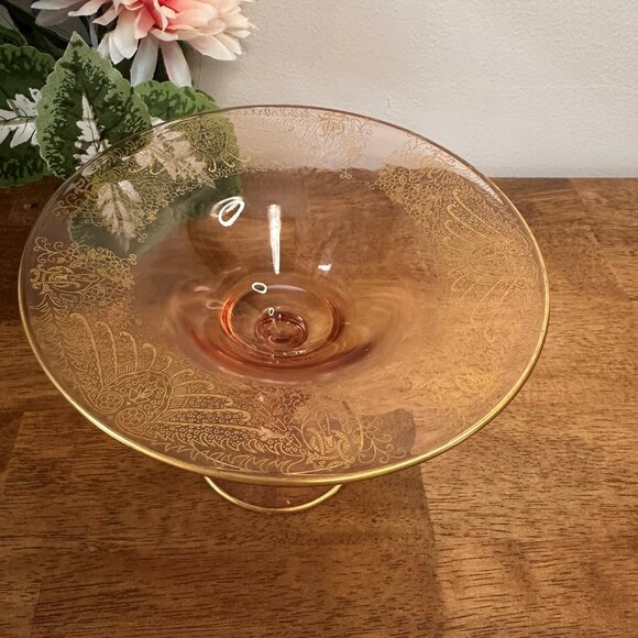 Vintage Pink Depression Glass‎ Compote Gold Etched Pedestal Dish Elegant 1930s - Picture 3 of 7